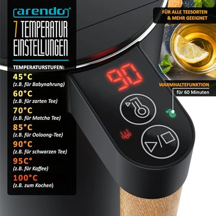 Arendo Wasserkocher Edelstahl mit Temperatureinstellung 45°C-100°C, 1.5 Liter, Doppelwand, BPA-frei, Warmhaltefunktion, Teekocher mit Temperaturanzeige, Griff Cool Touch, Schwarz – Bild 3