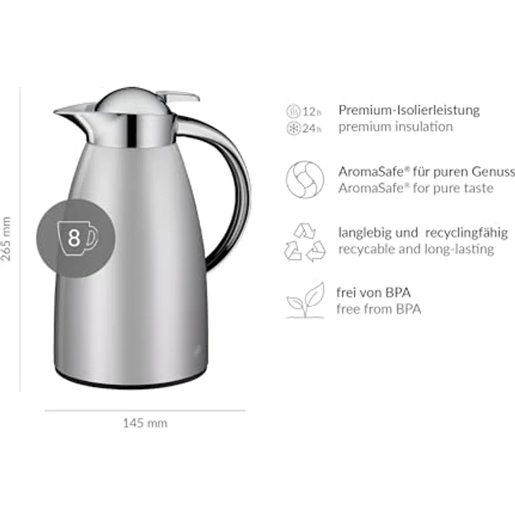 alfi Signo 1.0l Edelstahl-Isolierkanne, satin silber, hygienischer Hartglaseinsatz, Drehverschluss, ergonomischer Griff, einhändige Bedienung, ideal für Kaffee und Tee – Bild 2