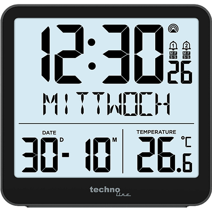 TECHNOLINE WT 285, DCF-77 Funkwecker mit 2 Alarmen, Datum, Wochentag und Innentemperatur, mit Schlummerfunktion und Hintergrundbeleuchtung