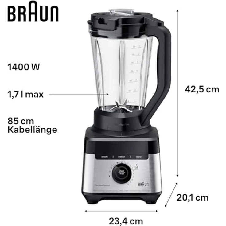 Braun PowerBlend 7 Hochleistungs-Standmixer, 30.000 U/min, 1400W, TriAction-Mixkrug, iTextureControl, 600 ml Smoothie2Go Becher, Schwarz (JB7568BK) – Bild 3