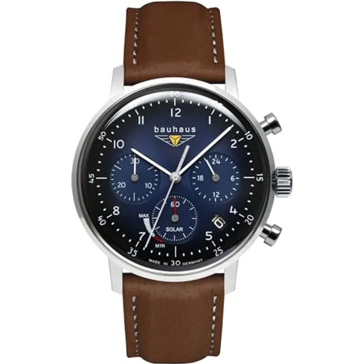 Bauhaus Herrenuhr Solar Chronograph 2086-3, Edelstahlgehäuse, dunkelblaues Zifferblatt, braunes Lederband, 5 ATM wassergeschützt
