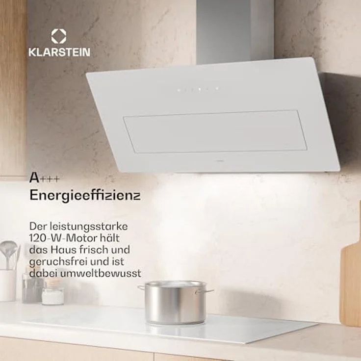 Klarstein SleekAir Dunstabzugshaube, 90 cm Kopffreihaube, 718 m³/h, A++ Energieeffizienz, Touch-Bedienung, LED 2700-6500 K, Weiß, Abluft & Umluft – Bild 2