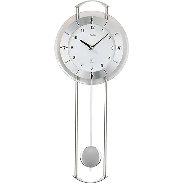 AMS. Pendelwanduhr 5254, Funk, mit silberlackierten Metallstäben, Aluminiumfrontreif und Mineralglas, arabische Ziffern