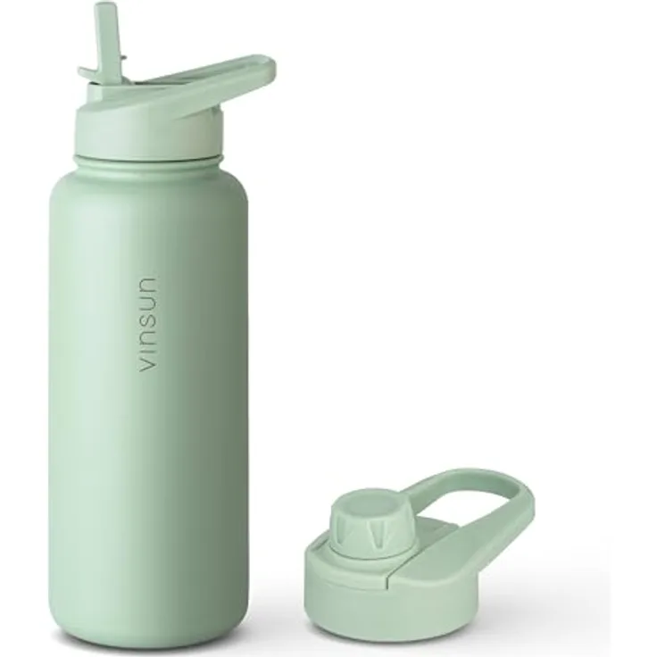 VINSUN Edelstahl Trinkflasche grün 1L, auslaufsicher, kohlensäuregeeignet, BPA-frei, mit Strohhalm und Trinköffnung, Thermoflasche für Sport, Schule und Camping