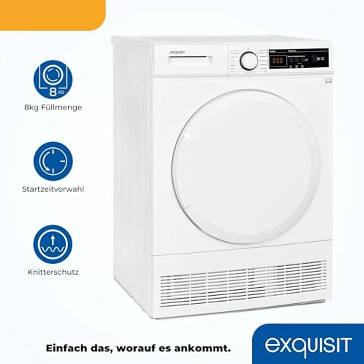 Exquisit Kondensationstrockner TK5810-060 weiss | 8 kg Fassungsvermögen | Energieeffizienzklasse B | Kindersicherung | Auto Abschaltung – Bild 3
