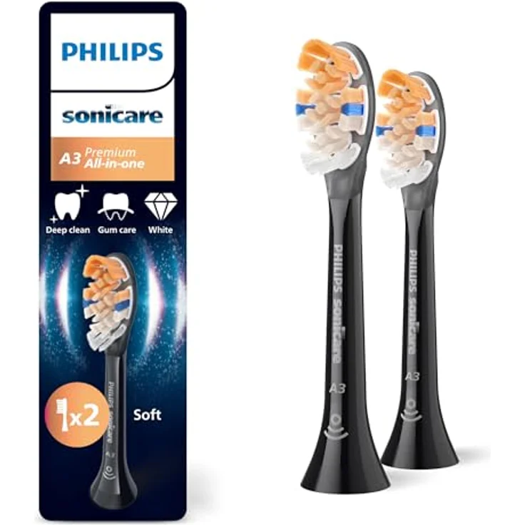 Philips Sonicare A3 Premium All-in-One, Original Ersatzbürstenköpfe, Schwarz, 2er-Pack, HX9092/88, effektive Plaque-Entfernung, Verfärbungsreduzierung, gesundes Zahnfleisch – Bild 1