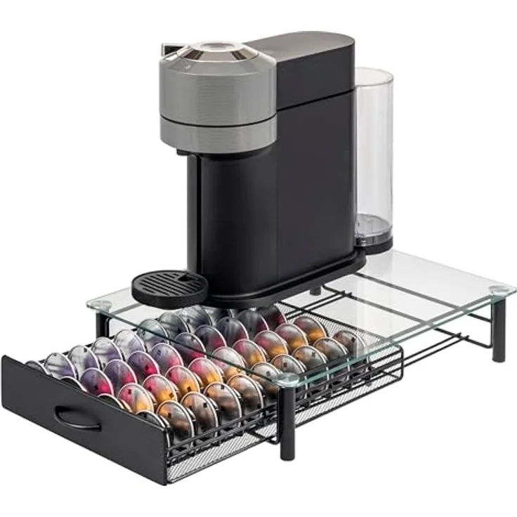 eluno Kapselhalter für 40x Nespresso Vertuo, Schubladenbox mit Glas-Maschinenständer aus Metall und Glasplatte, transparent, ca. 33,5 x 9 x 41 cm (B/H/T)
