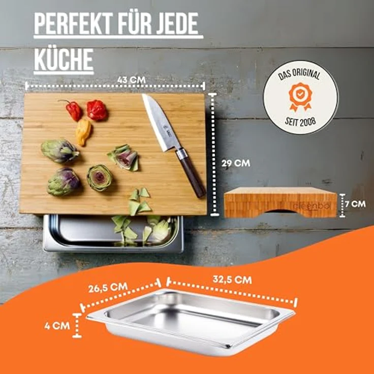 cleenbo® Schneidbrett mit Auffangschale "cube bamboo" Profi Holz Küchenbrett aus Bambus - Schneidebrett mit Auffangbehälter (Gastro Edelstahl Auffangwanne/Behälter), Bambusbrett Maße: 43 x 29 x 7 cm – Bild 5