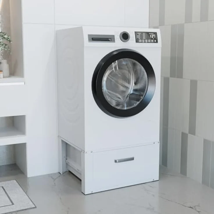 HAGO24 | Waschmaschinenuntergestell | Podest mit Schublade und Ablage | 150kg Traglast | Rückenschonend | Weiß | Aluminiumgriff – Bild 2