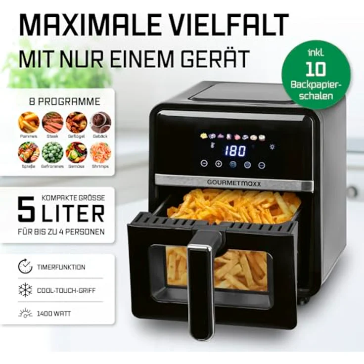 GOURMETmaxx Heißluftfritteuse 5 L, Airfryer mit 6 Funktionen, 8 Programmen, Farbdisplay mit Touch-Funktion, für max. 4 Personen, inkl. 10 Backpapierschalen – Bild 2