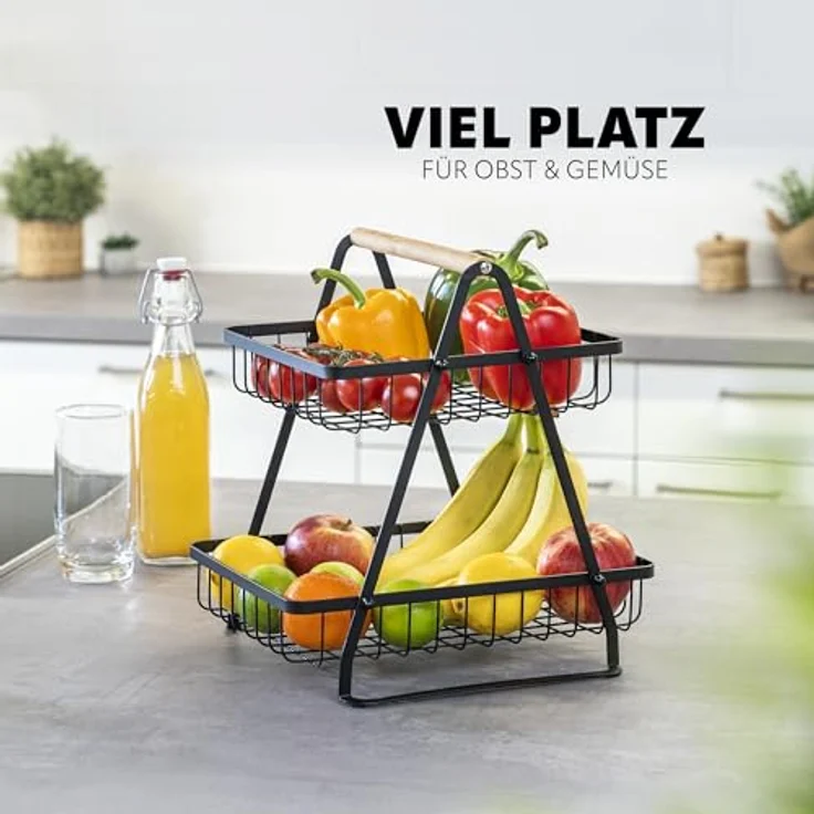 eluno Obstschale 2-stöckige Etagere, Bambus und schwarz, platzsparend und luftdurchlässig – Bild 2