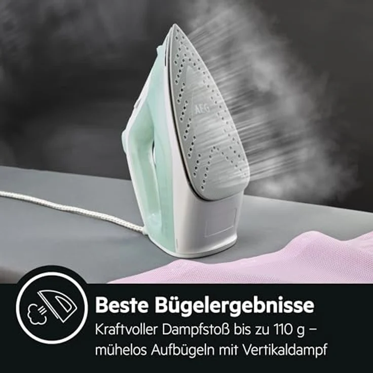 AEG DB 1740LG Dampfbügeleisen (2400 Watt, 110g Dampfstoß, 0-30g Dampf-Min., Restwärmeanzeige, Keramik Bügelsohle, Gleitfähigkeit, 250 ml Wassertank, 2 m Kabel, Anti-Kalk System, hellgrün-weiß) – Bild 3