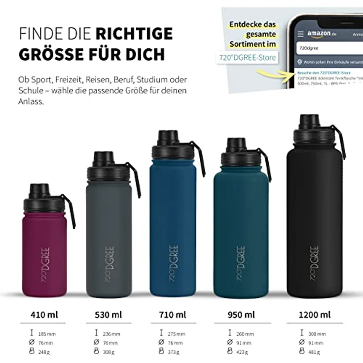 720°DGREE Edelstahl Trinkflasche Kinder 410ml “noLimit”, Auslaufsicher, BPA-Frei, Thermosflasche mit Sportdeckel, für Kohlensäure, für Schule und Kindergarten – Bild 3