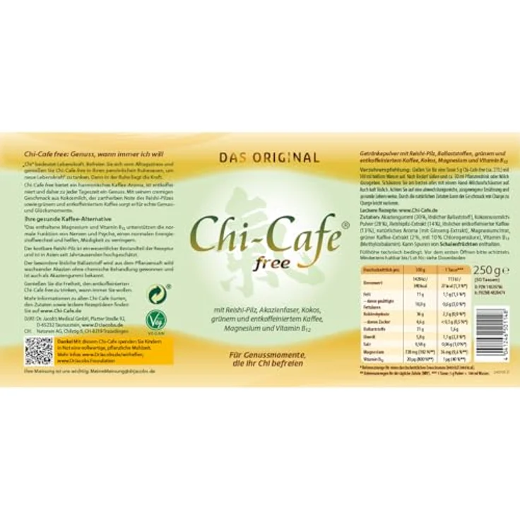 Dr. Jacob's Chi-Cafe free Pulver 250 g, entkoffeinierter Kaffee-Genuss mit Reishi-Pilz, vegan, ohne Zuckerzusatz – Bild 3