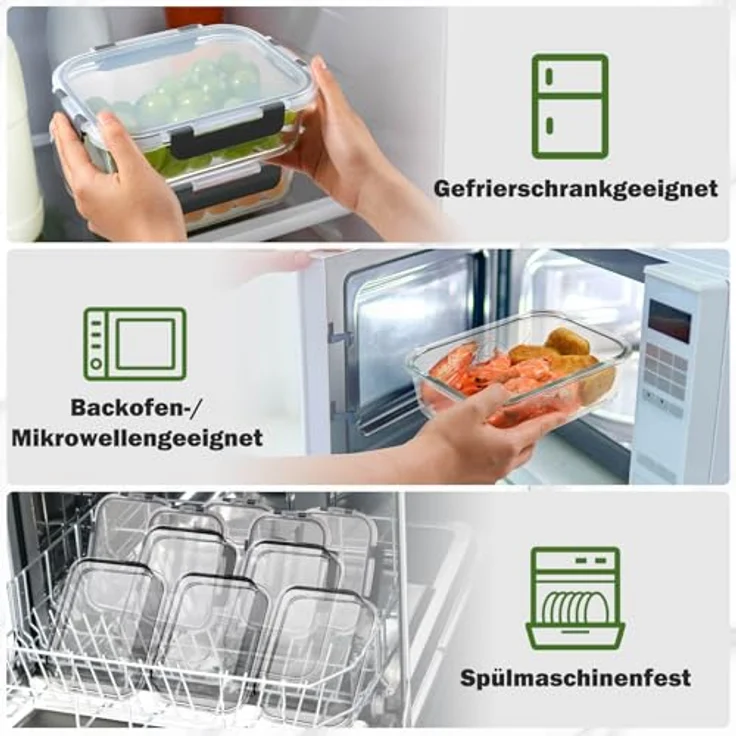YASHE 5er Set Glasbehälter mit Deckel, 1040ml, Stapelbar & Luftdicht, BPA-frei, Spülmaschinenfest, Mikrowellen- und Gefrierschrankgeeignet – Bild 5