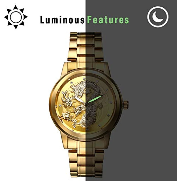 JewelryWe Armbanduhr für Damen und Herren, Edelstahl Gold, 3D Drache Zifferblatt, Leuchtzeiger, Diamantskala, wasserdicht – Bild 5