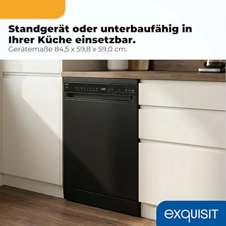 Exquisit GSP9616-450B, Stand-/Unterbau-Geschirrspüler in schwarz, 16 Maßgedecke, Energieklasse B, 45 dB, 8 Programme, Besteckschublade, Halbe Beladung – Bild 3