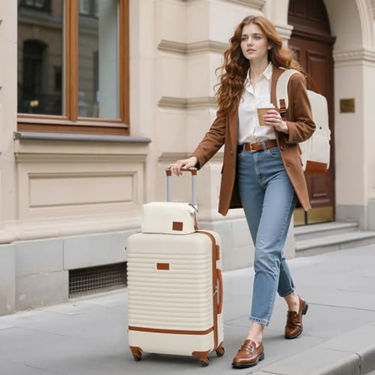 COOLIFE Reisekoffer Trolley Set 3tlg, Mittelgroßer ABS Hartschalenkoffer mit 4 Rollen, TSA-Schloss, Grau/Rosa inkl. Rucksack und Kulturbeutel – Bild 2