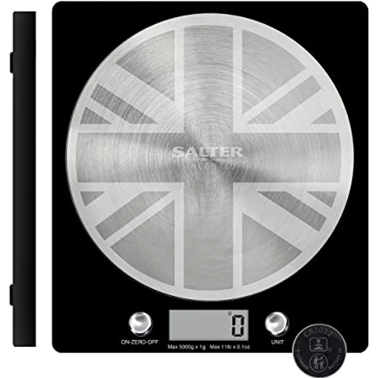 Salter 1036 UJBKDR Disc Elektronische Waage - mit Edelstahl Plattform, elegantes schlankes Design, Küchenwaage, Edelstahlplattform, Tara-funktion, Misst Flüssigkeiten, Kapazität 5kg, Union Jack-Design – Bild 1