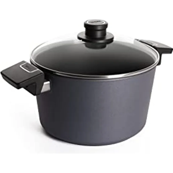 Woll Diamond Lite Topf mit Glasdeckel in Box, Ø 24 cm, 13.5 cm hoch, 5.0 Liter, mit 2 Seitengriffen - Geeignet für Ceran, Gas, Elektro, Halogen - nicht induktionsgeeignet, Aluguss, backofenfest, anthrazit