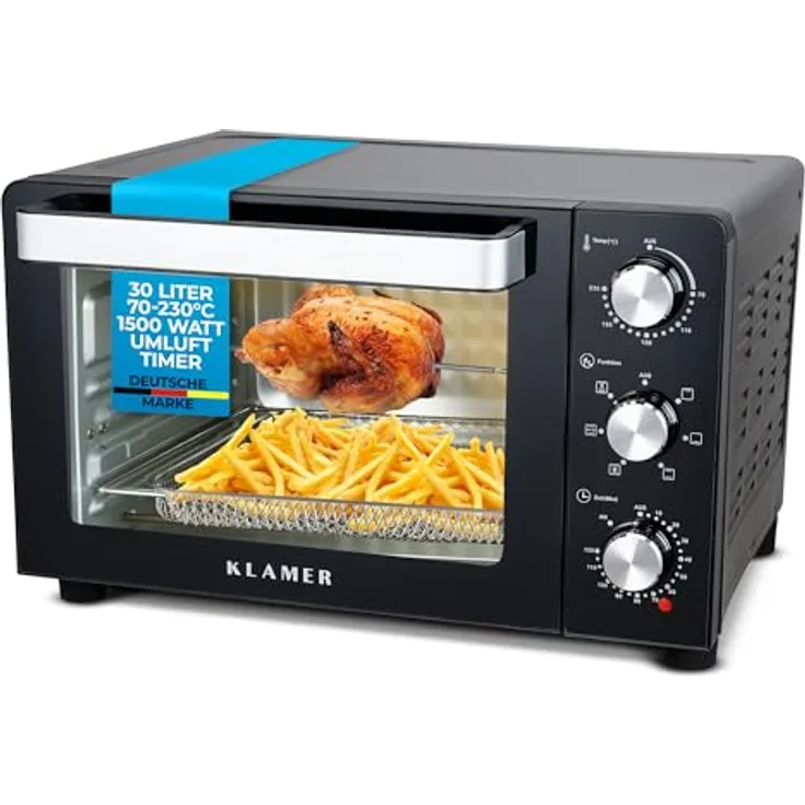 KLAMER Minibackofen mit Umluft, 30 Liter, 6 Backfunktionen, 70-230°C, 120 min. Timer, Drehspieß und umfangreiches Zubehör, Schwarz