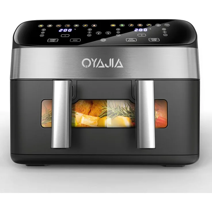 oyajia Heißluftfritteuse Airfryer GSE041T, 10L mit Sichtfenster & Sync-Funktion, 2600W, 12 Kochprogramme, Schwarz