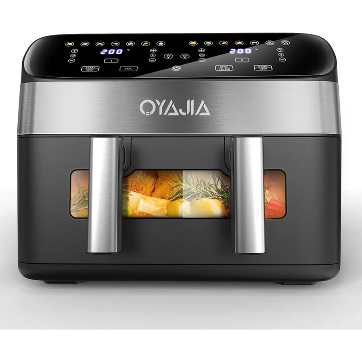 oyajia Heißluftfritteuse Airfryer GSE041T, 10L mit Sichtfenster & Sync-Funktion, 2600W, 12 Kochprogramme, Schwarz