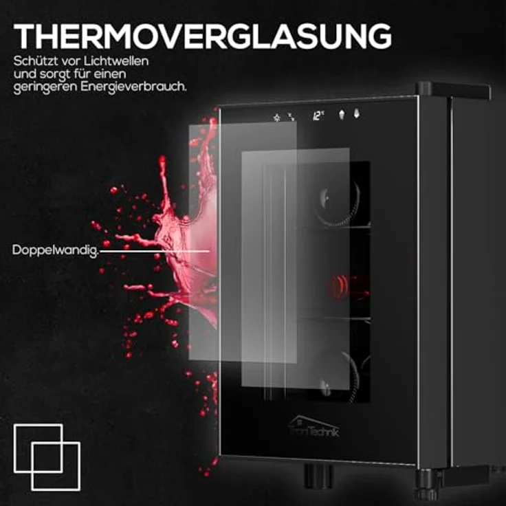 Tronitechnik® Weinkühlschrank Montpellier, Mini-Kühlschrank 17 Liter, 6 Flaschen, LED Licht, freistehend, Edelstahl – Bild 5