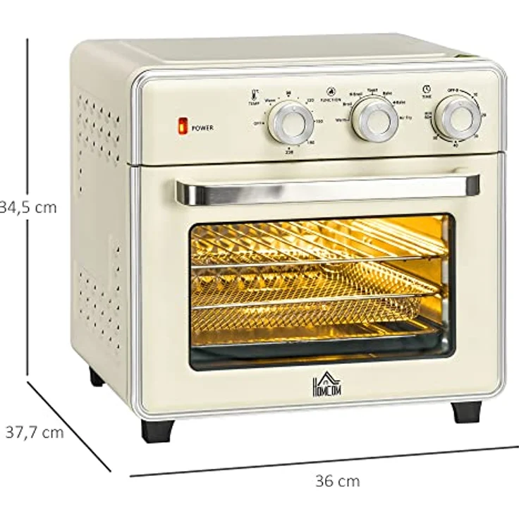 HOMCOM Minibackofen 20L, 5 in 1 Pizza-Ofen inkl. Backblech Set, Frittierkorb, Krümelblech, 1 Std. Timer, 90-230℃, 1400 W Elektrischer Mini Ofen mit Umluft, Cremeweiß – Bild 3