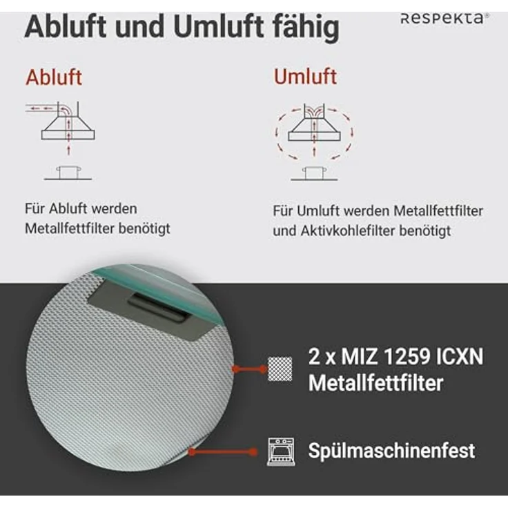 respekta CH 1259 IX C, Motorhaube, Standard, Breite: 59.8 cm, Tiefe: 50 cm, Absaugung und Rückführung (mit zusätzlichem Rückführungsset), rostfreier Edelstahl – Bild 5