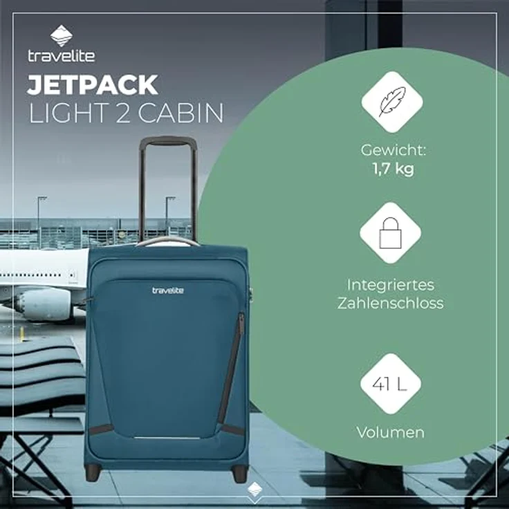 Travelite Jetpack Handgepäck Koffer mit 2 Rollen, integriertes Zahlenschloss, 55x40x20 cm, 41 l, 1,7 kg, petrol – Bild 2