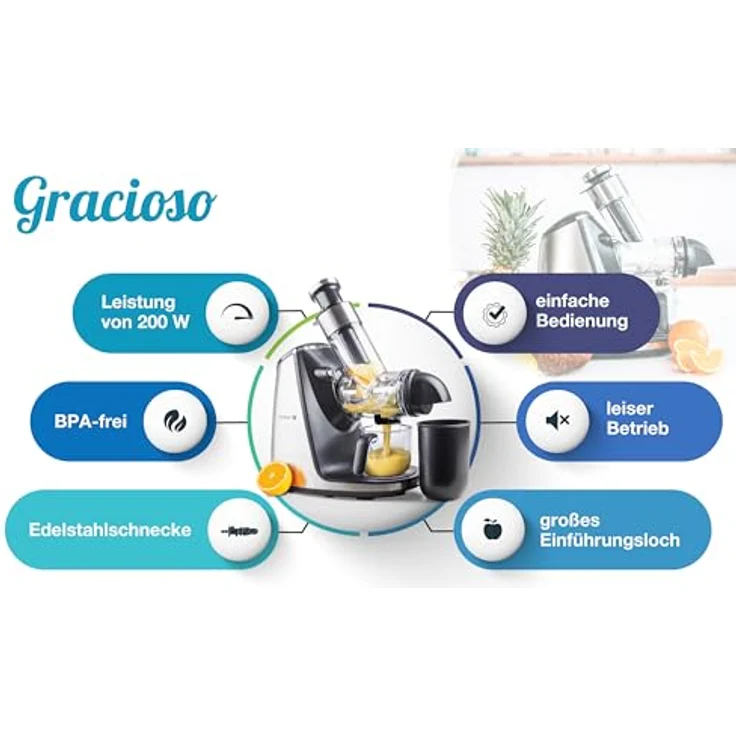 G21 Entsafter G21 Gracioso horizontal, 200 W, Edelstahlschnecke, Einfüllöffnung 75 mm, BPA-frei, einfache Bedienung, leiser Betrieb, erhält max. Vitamine – Bild 2