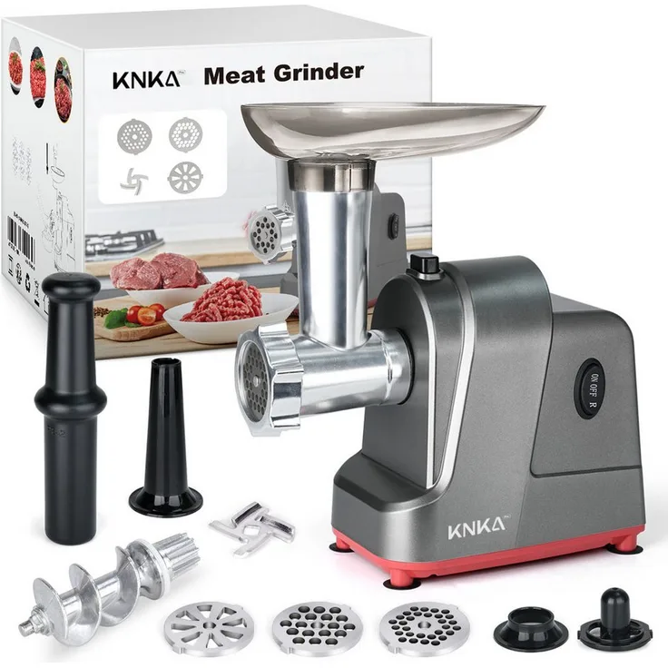 KNKA PRO Elektrischer Fleischwolf mit Wurstfüller, 3 Lochscheiben (4, 6, 15mm), 2 Leistungsstufen, Vor- und Rücklauf, für Fleisch, Kebbe, Gemüse, Edelstahl