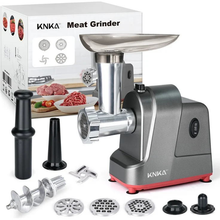 KNKA PRO Elektrischer Fleischwolf mit Wurstfüller, 3 Lochscheiben (4, 6, 15mm), 2 Leistungsstufen, Vor- und Rücklauf, für Fleisch, Kebbe, Gemüse, Edelstahl