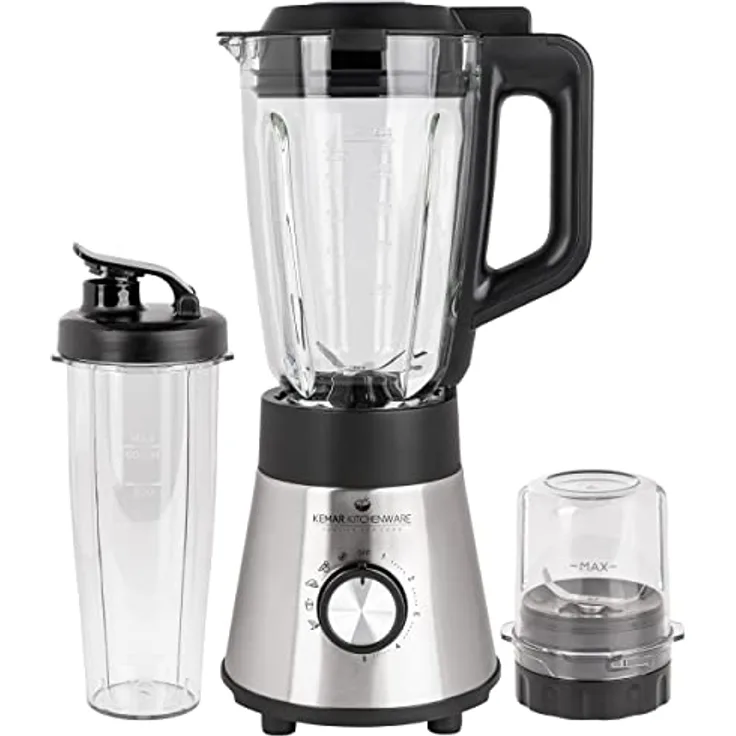 KeMar Standmixer 2-in-1 Edelstahl silber - 1,5l Glasbehälter 5 Programme 1000W abnehmbare Klinge - Smoothiemaker - inkl. 2Go Becher Trinkdeckel - Spülmaschinenfest, Blender, Reinigungsprogramm