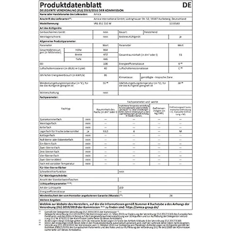 Amica VKS 351 151 W Vollraum-Kühlschrank (ohne Gefrierfach) / Weiß / 86,4cm x (H) 47,2x (B) x 44,6cm (T) / LED-Beleuchtung/mit Gemüseschublade – Bild 4