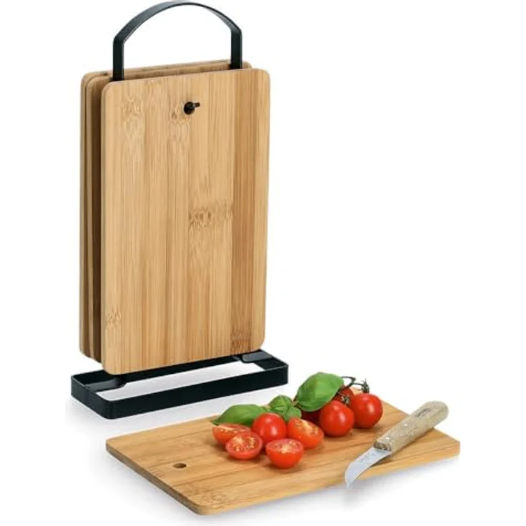Zeller Present Schneidebrett Brettchenständer-Set, Bambus / Metall, 5-tlg., Bambus/Metall, hohe Schnittfestigkeit und messerschonend, Schwarz - Preisvergleich – Bild 1