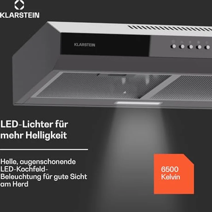 Klarstein Dunstabzugshaube 60cm, Abluft-Dunstabzugshaube mit Spülmaschinenfestem Filter aus Aluminium, Leise Abzugshaube Abluft, 200m³/h Luftstrom, Effiziente Wandhauben mit LEDs & Touch Controls – Bild 4