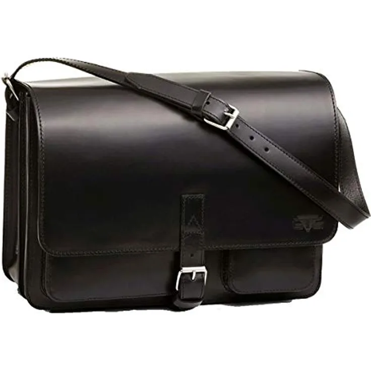 MIKA 28072601 - Schultertasche Scotty aus Echt Leder/Sattelleder, Aktentasche mit 2 Hauptfächer und 2 Fronttaschen, Umhängetasche für Damen und Herren, Ledertasche in schwarz, ca. 40 x 18 x 26 cm