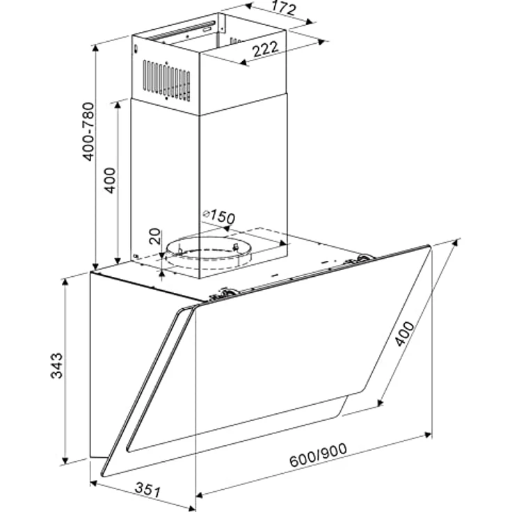 Respekta Dunstabzugshaube kopffrei / Dunstabzugshaube schräg 60 cm / Edelstahlgehäuse mit Glasschirm in Schwarz / Abluft - und Umluftfunktion / CH77060SA / A / 53–66 dB – Bild 5