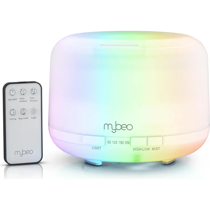 MyBeo Luftbefeuchter mit Aroma Diffuser, 0,5 l Wassertank, 2 Nebelstufen, RGB Stimmungslicht in 7 Farben, Timer und Fernbedienung für Wohn- und Schlafzimmer, Yoga, Spa