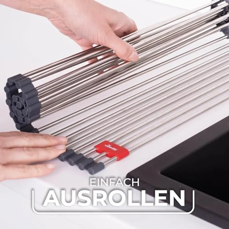 Vileda Abtropfgitter Spüle 45x40cm aus Edelstahl & TPE - Rollbar, 24 Stangen - Ideal für Geschirr - Faltbar, silber – Bild 3