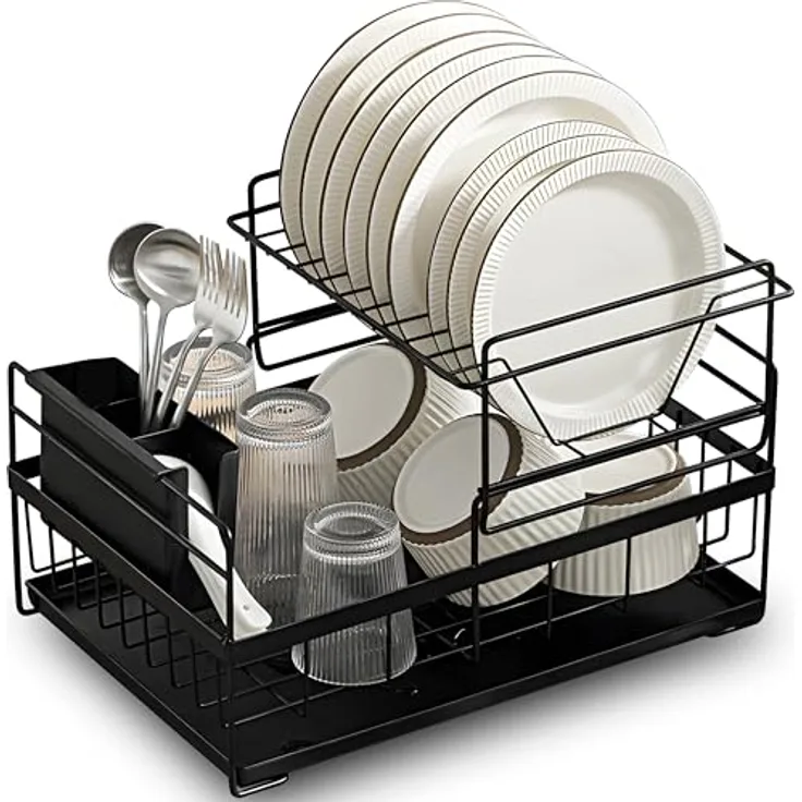 Retoo Abtropfgestell Einlagige Geschirr Abtropfständer, Geschirrabtropfer Drip mit Zwei Fächern, Tropfschale, Geschirrabtropfgestell, Abnehmbarem Besteckhalte, Besteckständer, 43×32,5×24cm Schwarz