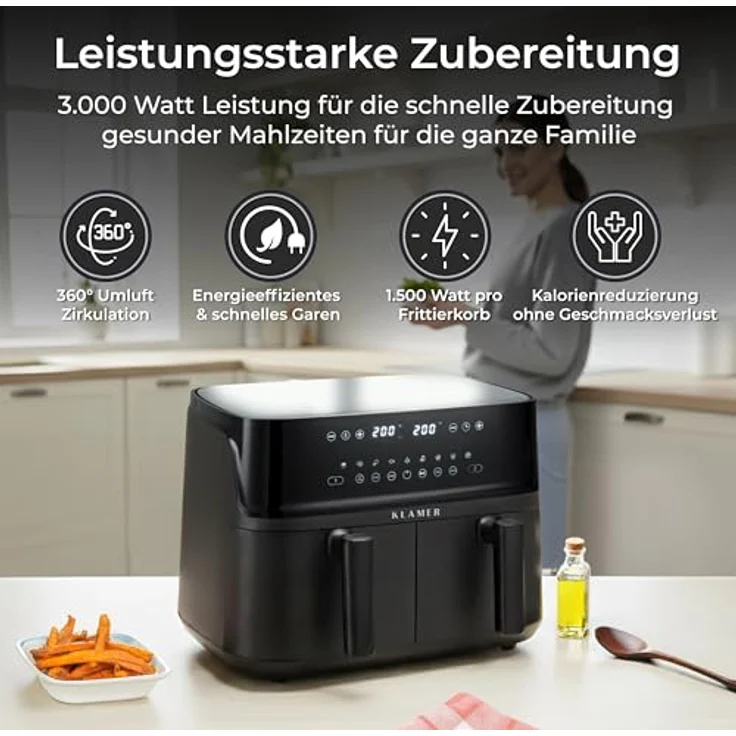 KLAMER Heißluftfritteuse 3000 W, gesunde Fritteuse mit einstellbarer Gartemperatur und Heißluftzirkulation – Bild 4