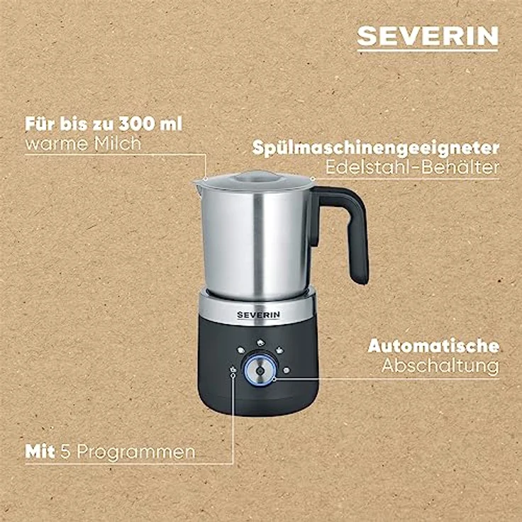 SEVERIN Milchaufschäumer, elektrischer Milchaufschäumer mit Edelstahl-Milchbehälter, Milchschäumer für kaltes und warmes Aufschäumen, schwarz/silber/Edelstahl, SM 3588 – Bild 4