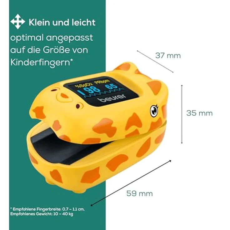 Beurer PO 13 Kids, Finger-Pulsoximeter für Kinder, sekundenschnelle Messung, automatische Display-Ausrichtung, mit Gürteltasche, Giraffen-Design – Bild 3