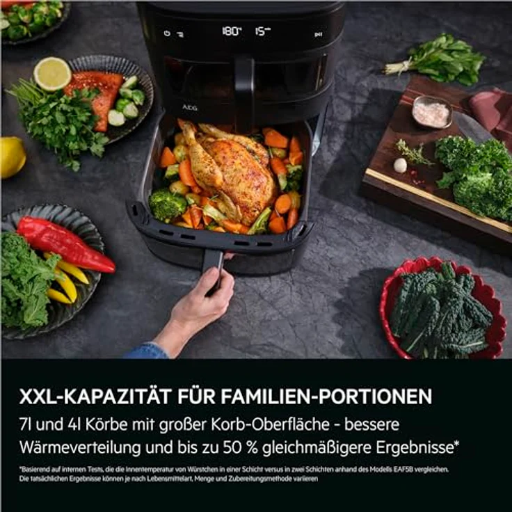 AEG AAFD11B Doppelkorb-Heißluftfritteuse 11 L, 2 Fächer, 8 Automatikprogramme, Sichtfenster, Innenbeleuchtung, spülmaschinenfest, Touch-LED-Display – Bild 5
