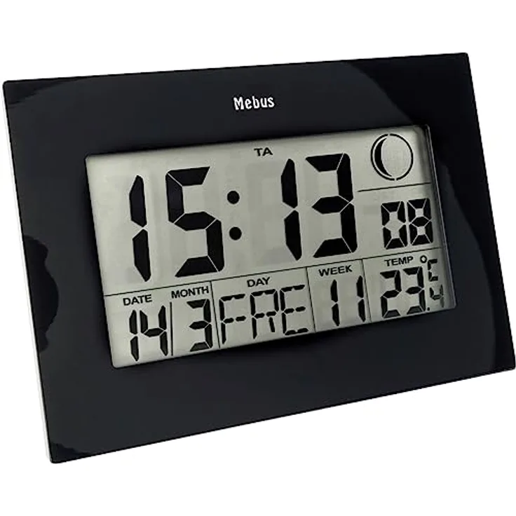 Mebus Funkwanduhr 46732, Tisch-Uhr mit Innenthermometer, zwei Weckzeiten, Kalender, Mondphase, Schwarz