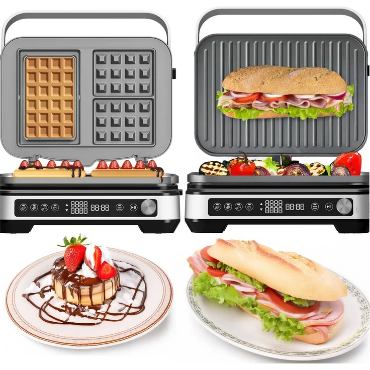 TurboTronic by Z-Line TT-CG1W Kontaktgrill 2000W, wechselbare Platten für Waffeln und Grill, digitales LED-Bedienfeld mit 4 Programmen, Antihaftbeschichtung, Tischgrillfunktion