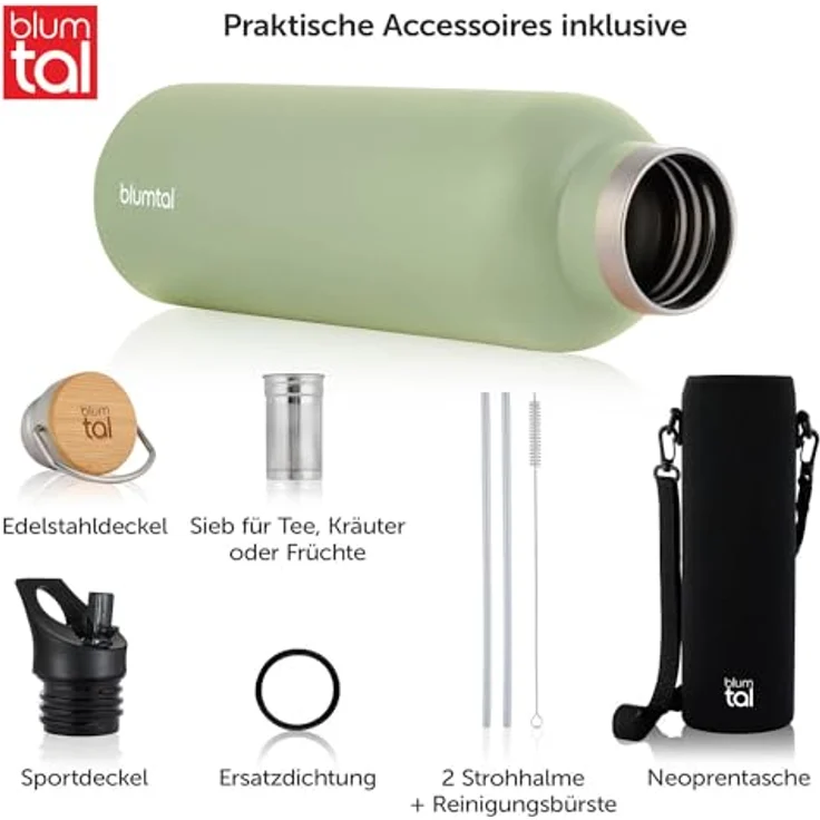 Blumtal Thermosflasche 1L - doppelwandige Edelstahl Trinkflasche - Isolierflasche 1L BPA frei - Summer Green – Bild 2